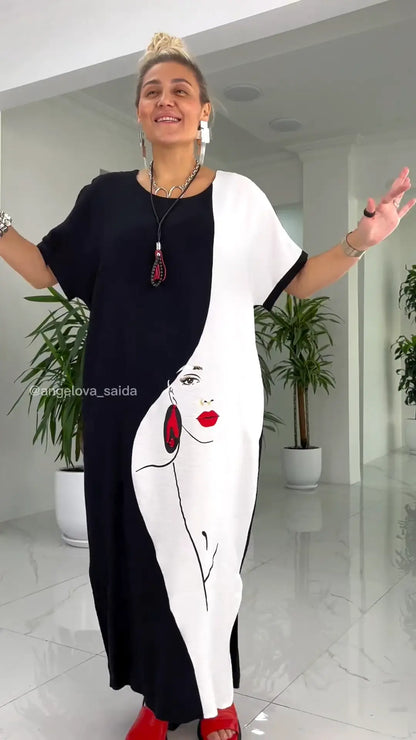 🏵️Summer Hot Sale 55% off🏵️Lovely Black White Abstract Face Print Loose Maxi Dress