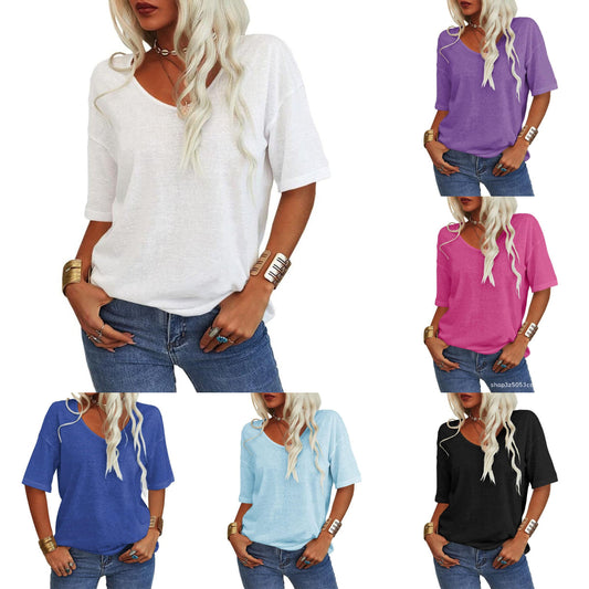 ⏳Durée limitée -50 %💥T-shirt col V uni pour femme 