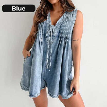 💕Women’s Casual Pleated Sleeveless V-Neck Denim Romper