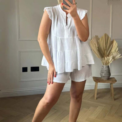 💕HOT SALE 50% OFF💕Women's Cheesecloth Ruffle Shorts & Top Set