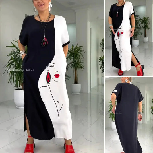 🏵️Summer Hot Sale 55% off🏵️Lovely Black White Abstract Face Print Loose Maxi Dress