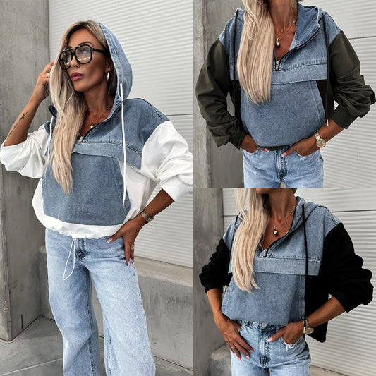 🍁New autumn products 50% OFF🍁Women's Layered Hoodie Denim Jacket with Drawstring