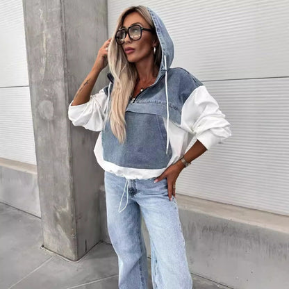 🍁New autumn products 50% OFF🍁Women's Layered Hoodie Denim Jacket with Drawstring