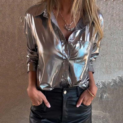 🍂Fall Specials 60% OFF🍂Women's Shimmer Metallic Leather Button-Up Shirt