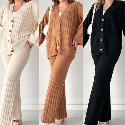 Ensemble deux pièces décontracté en tricot de couleur unie pour femme