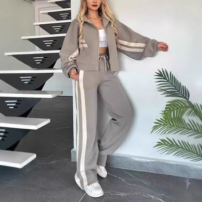🎁Ensemble deux pièces pour femme :✨ Veste rayée 2 pièces avec fermeture éclair et pantalon décontracté🌸