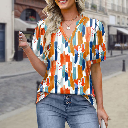 🌸 Haut imprimé à manches courtes et col en V pour femme
