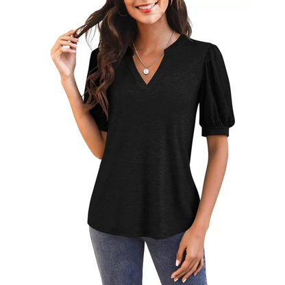 T-shirt élégant à manches courtes bouffantes et col en V pour femme