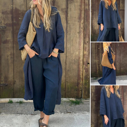 🌞👚Ensemble d'été 2 pièces avec coupe ample, col en V et poche pour femme🌸