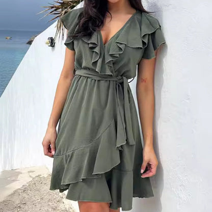 🏖️Vente chaude d'été - 60 % de réduction🌸Robe élégante à volants avec lien à la taille et col en V pour femme