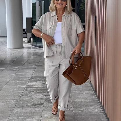 ☀️Ensemble chemise à manches courtes et pantalon ample en coton et lin🩳