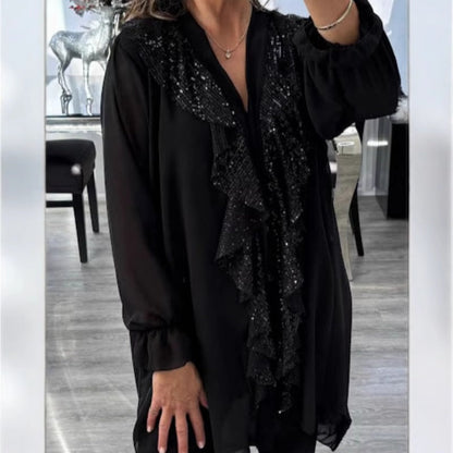 👗 Schicke Pailletten-Chiffonbluse – Langärmlig & V-Ausschnitt, elegant für jede Gelegenheit!