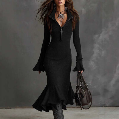 Damen Strickkleid mit Reißverschluss, Spitzenkragen, ausgestellten Ärmeln und Fishtail-Saum