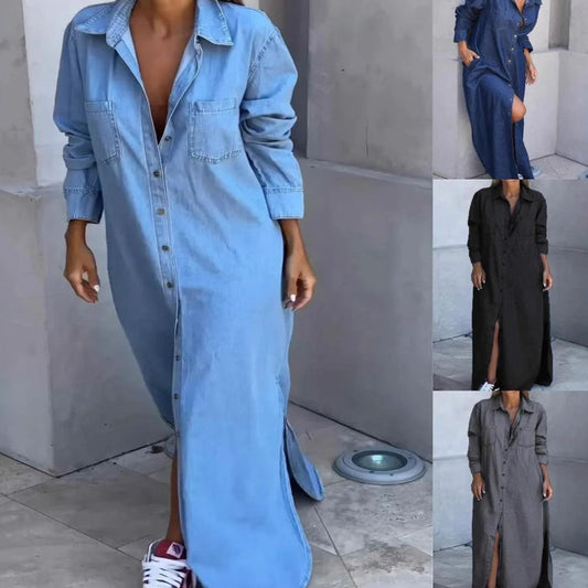 🎉 50% RABATT!👖 Damen-Denim-Maxikleid: Knopfleiste + Seitenschlitze – vielseitig als Kleid oder Jacke