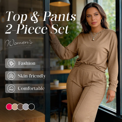 2-teiliges Set aus langärmeligem Oberteil und weit geschnittener Hose für Dame