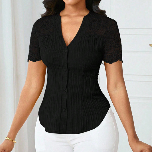 🌼LETZTER TAG – 51 % RABATT👚Sommerbluse für Damen mit V-Ausschnitt, Spitzenärmeln und Knopfleiste