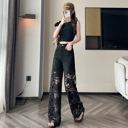 💜 LETZTER TAG – 55 % RABATT 💜 Damen-Hose mit Strass-Print und Cut-Outs