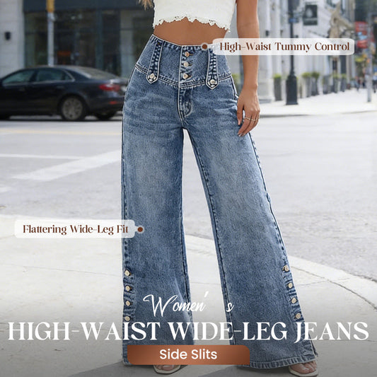 🔥 Damen-Weitbeinjeans mit Seitenschlitzen – High-Waist für schlanken Look